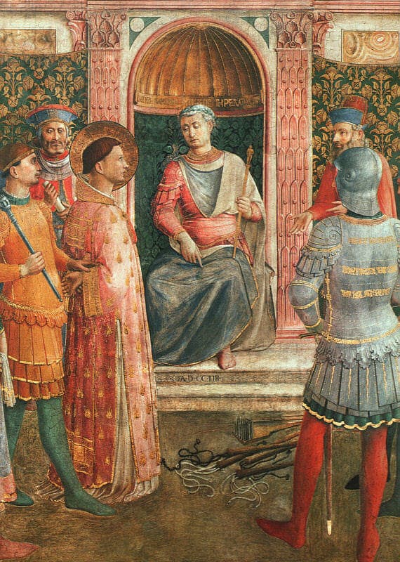 Lorenzo frente a Valeriano, detalle de un fresco de Fra Angelico, c. 1447–50