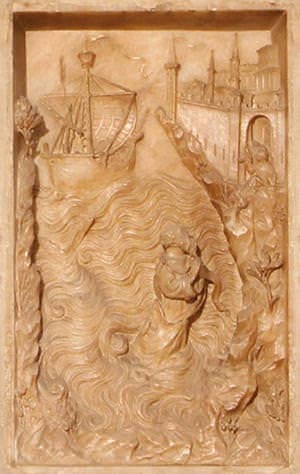 The prophet Jonah is thrown back by the fish on the shore. (Jonah 2, 1 and 2)