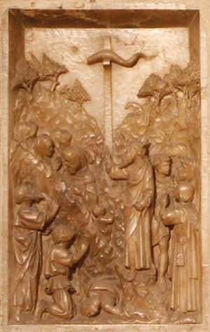 Moses lifts up the bronze serpent in the desert. (Num 21,4-9)