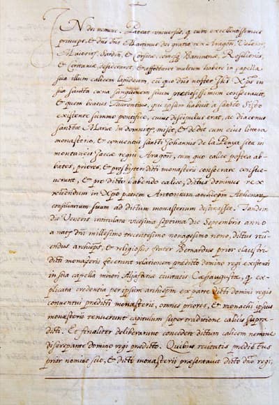 Copy of the document from the Archive of the Crown of Aragon in which Martin I “the Human“ receives the Holy Chalice.